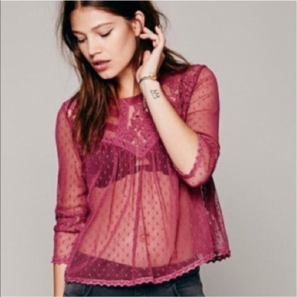 💜Free People Modern Romance Lace Top Victorian Maroon Purple Cottagecore💜